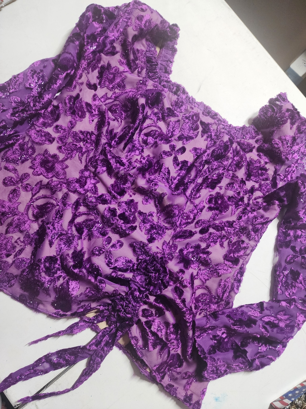 Velvet Floral Embroidered Long-Sleeve Blouse - Purple